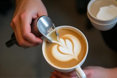 Hands demonstrating latte art during a workshop with coffee and milk